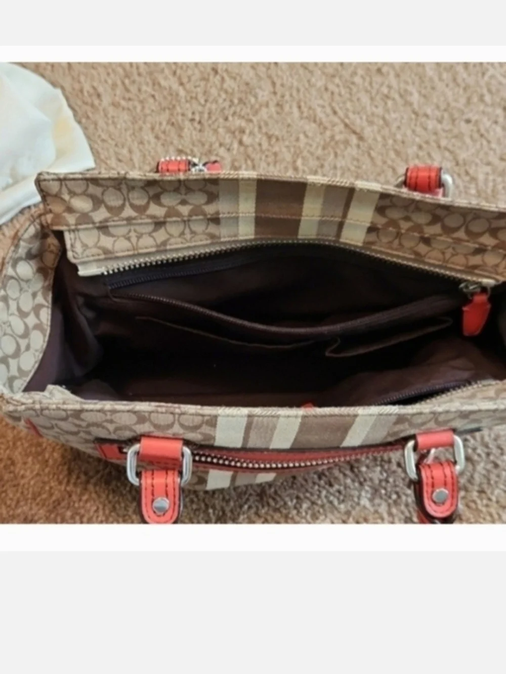 Coach Signature Canvas Satchel with Coral Trim